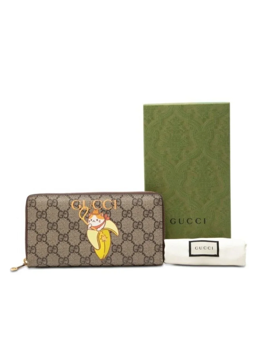 Gucci GG Supreme Bananya Print Zippy Wallet Brown Yellow Leather - Picture 7 of 7